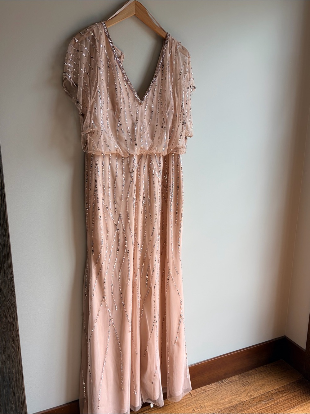 Adrianna Papell Blush Beaded V-Neck Evening Gown